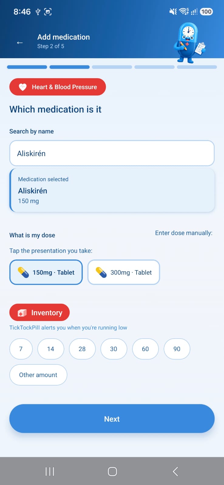TickTockPill Add Medication screen
